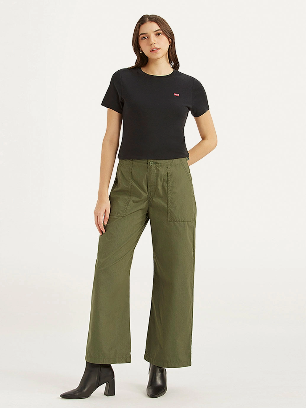 Women's Mid Rise Olive?Baggy Cargo Trousers Flexible Look