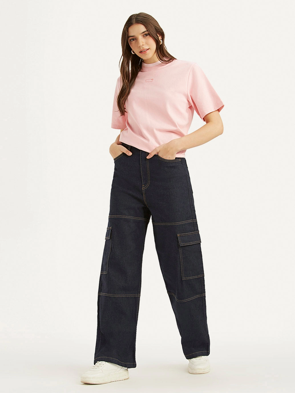 Women's Navy Blue Baggy Fit High Rise Jeans Perfect Waist