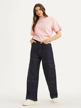 Women's Navy Blue Baggy Fit High Rise Jeans Perfect Waist