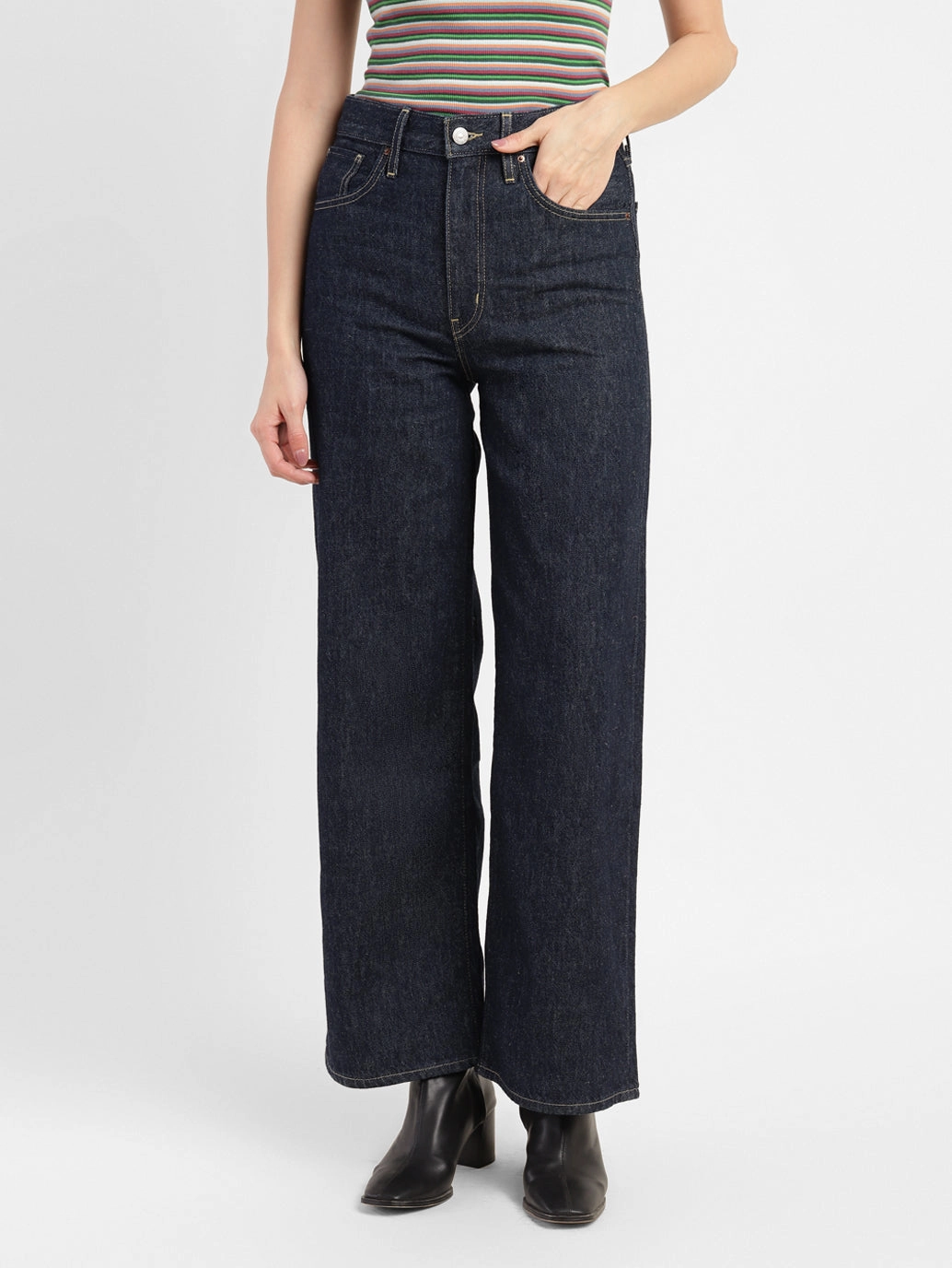 Travel Outfit Street Fashion Creative Look Women's Navy Blue Mile High Wide Leg Fit High Rise Jeans