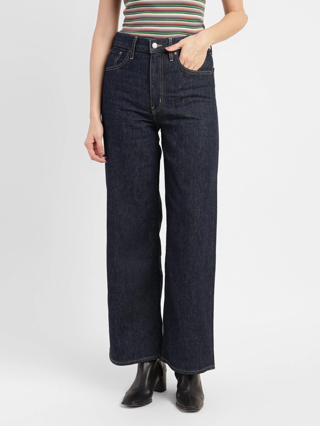 Go-To Garment Women's Navy Blue Mile High Wide Leg Fit High Rise Jeans