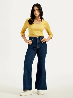 Women's Navy Blue Ribcage Bell Bottom Wide Leg Fit High Rise Jeans Street Cool Winter Warmth Outdoor Adventure