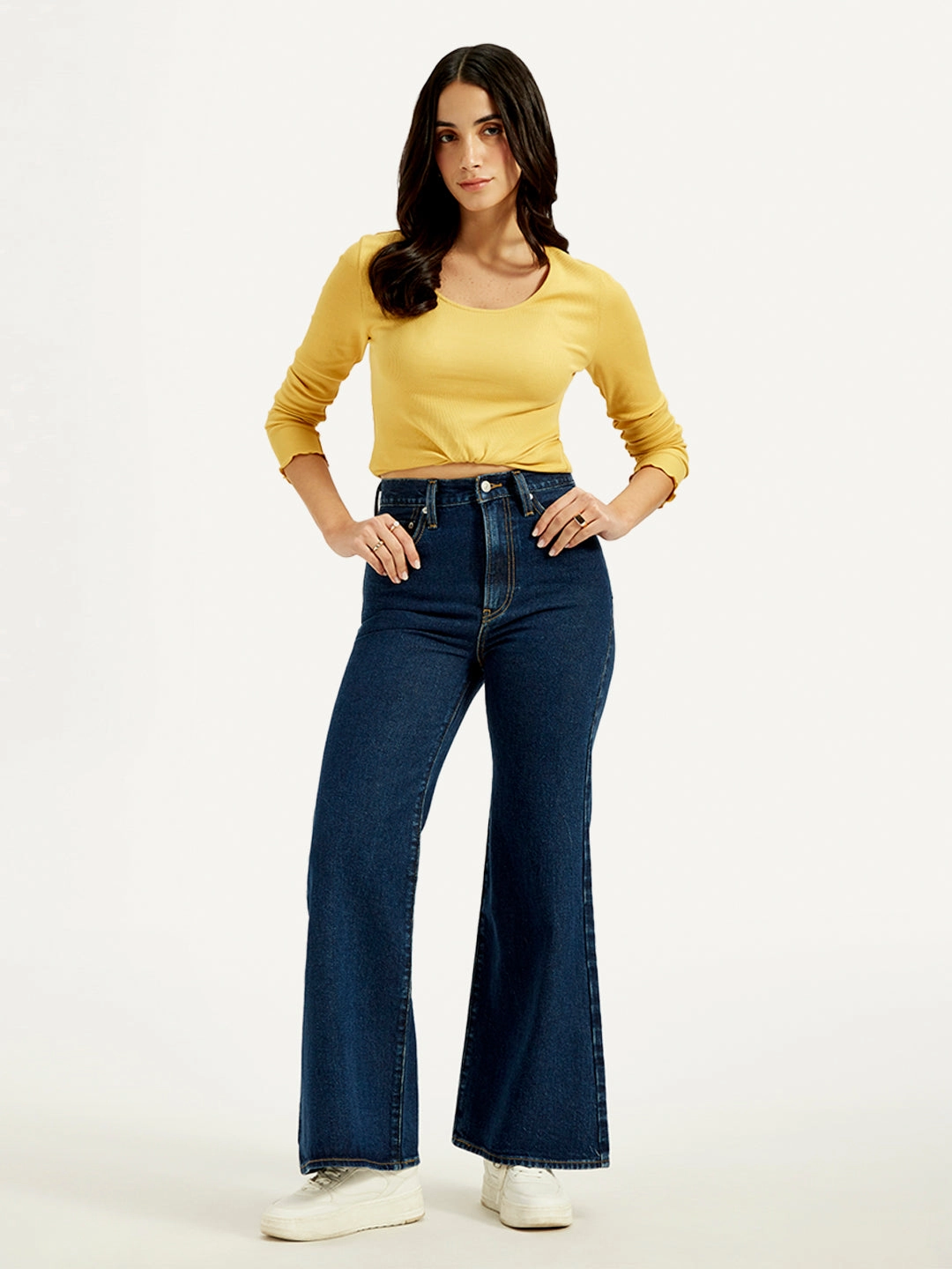 Women's Navy Blue Ribcage Bell Bottom Wide Leg Fit High Rise Jeans Street Cool Winter Warmth Outdoor Adventure