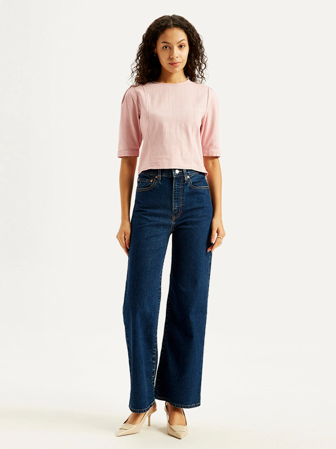 Women's Navy Blue Ribcage Bell Bottom Wide Leg Fit High Rise Jeans Travel Outfit Evening Stroll Minimalist Minimalist Night Out Smooth