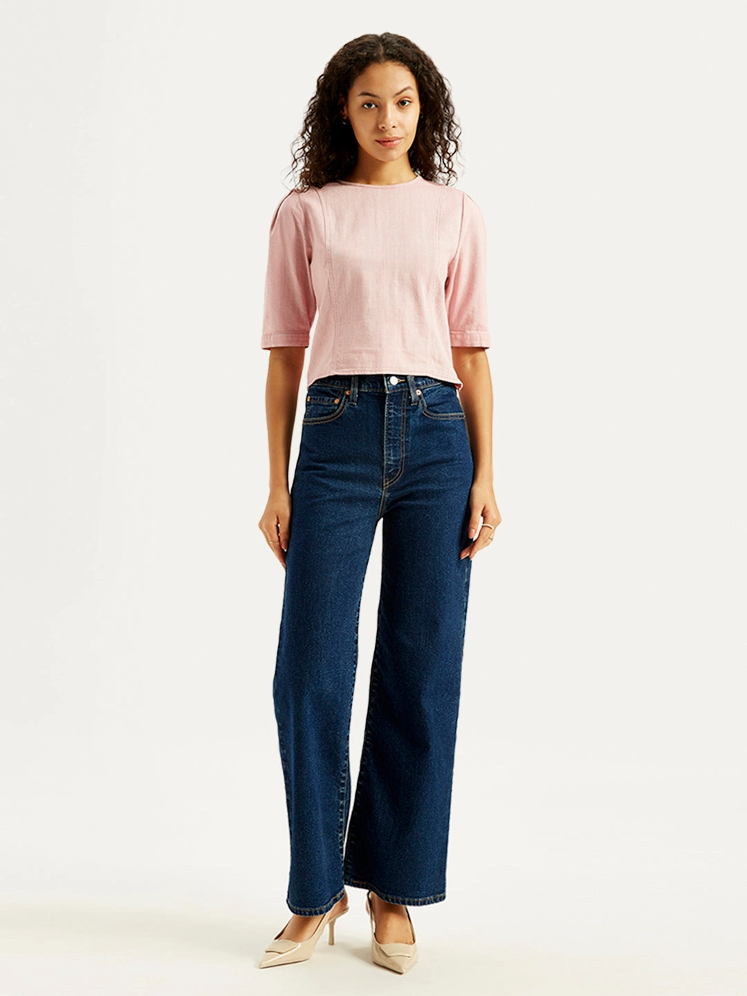 Women's Navy Blue Ribcage Bell Bottom Wide Leg Fit High Rise Jeans Fashion Routine Office Wear Trendy Home Comfort