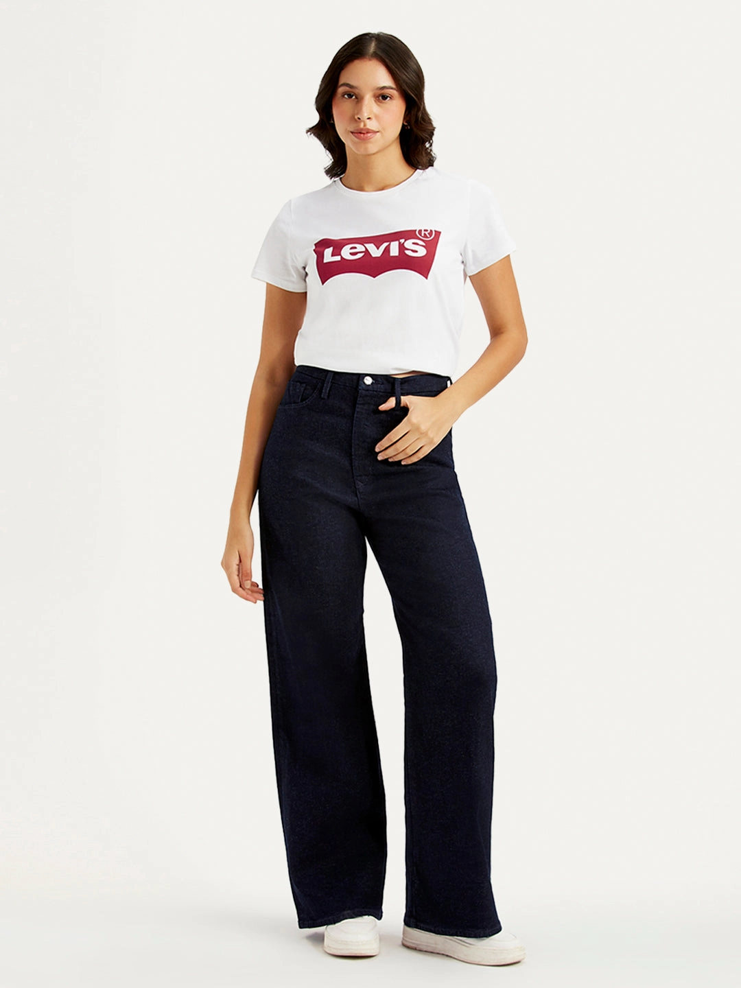 Women's Navy Blue Ribcage Bell Bottom Wide Leg Fit High Rise Jeans Evening Stroll Weekend Getaway Eco Friendly Production