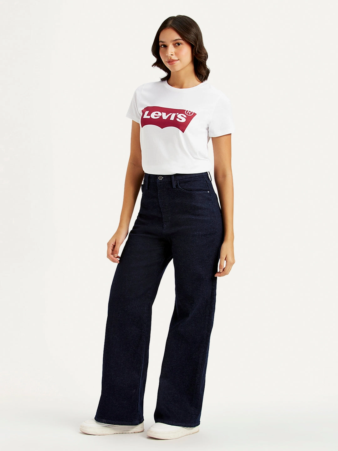 Women's Navy Blue Ribcage Bell Bottom Wide Leg Fit High Rise Jeans Essential Basics