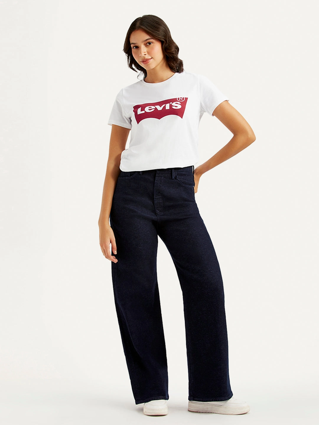 Fashion Must-Have High Durability Thread Women's Navy Blue Ribcage Bell Bottom Wide Leg Fit High Rise Jeans