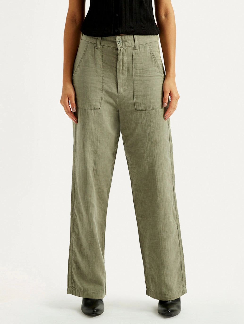 Women's Olive Green Loose Fit Mid Rise Trousers Perfect Design