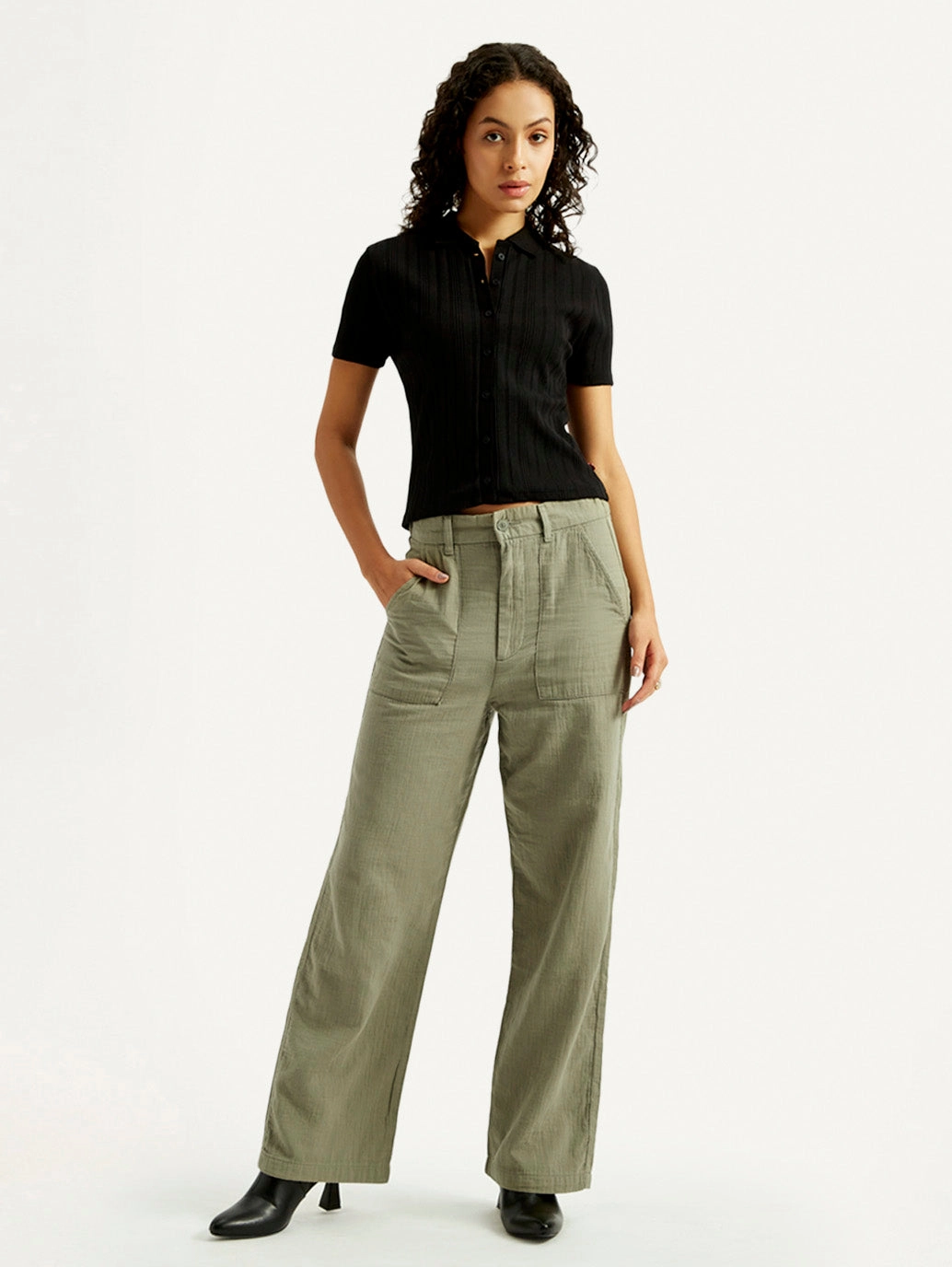Core Cut Feminine Fit Women's Olive Green Loose Fit Mid Rise Trousers
