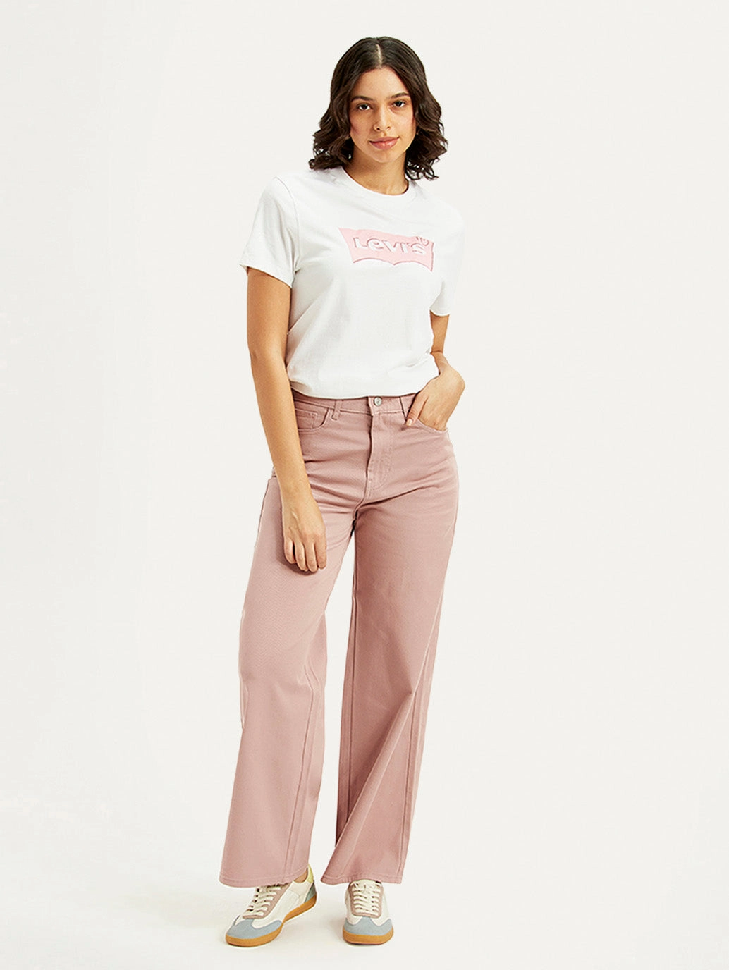 Clean Style Work Meeting Weekend Style Streetwear Fan Women's Pink Wideleg Fit High Rise Jeans