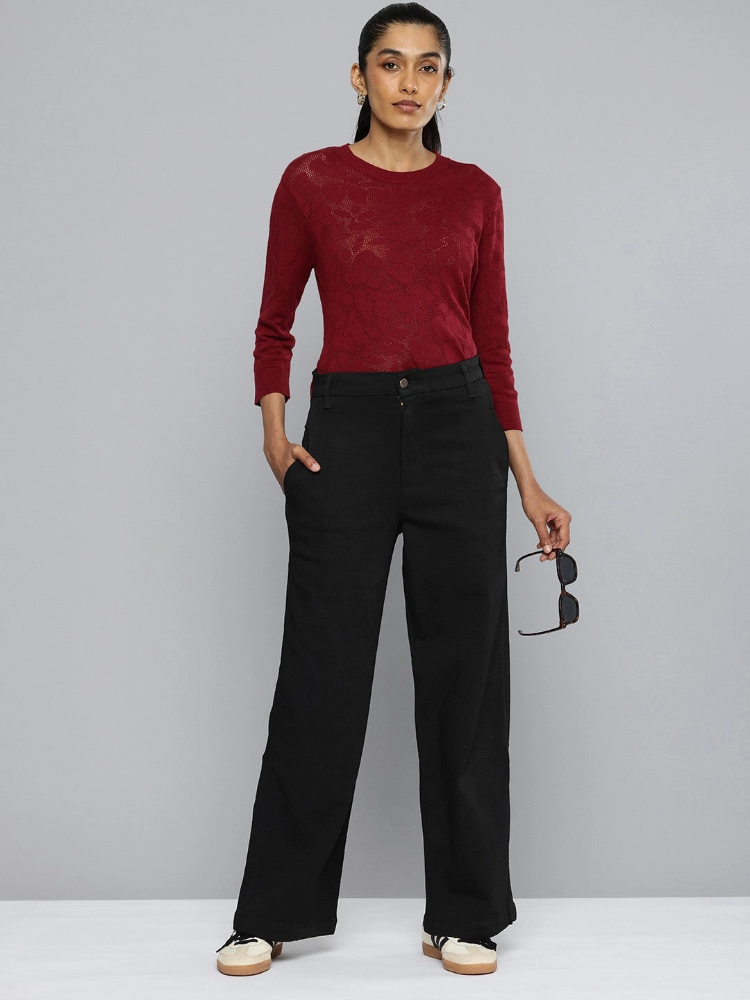 Women's Redloop Black Ribcage Bell Bottom Wide Leg Fit High Rise Jeans Versatile Design