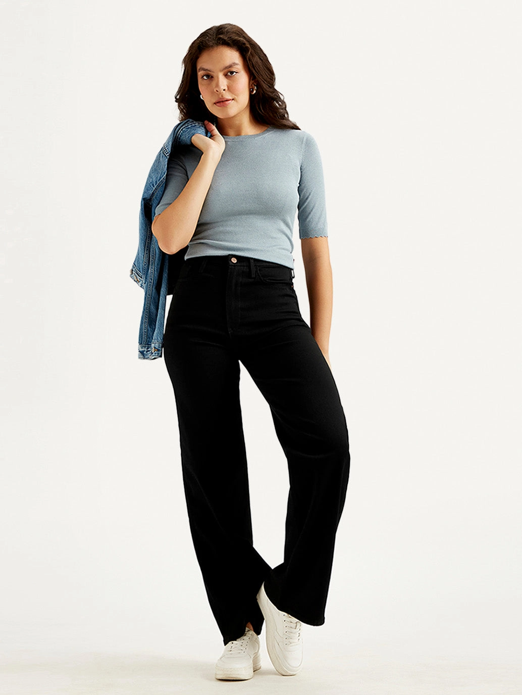 Women's Redloop Black Ribcage Bell Bottom Wide Leg Fit Mid Rise Jeans Wearable Piece Parent Style Family Style