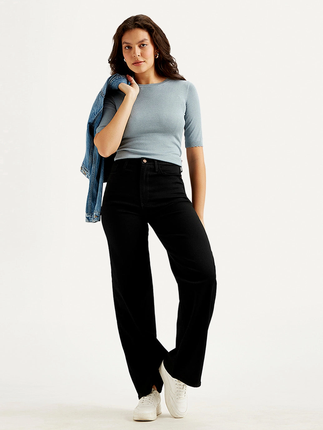 Women's Redloop Black Ribcage Bell Bottom Wide Leg Fit Mid Rise Jeans Style Layer