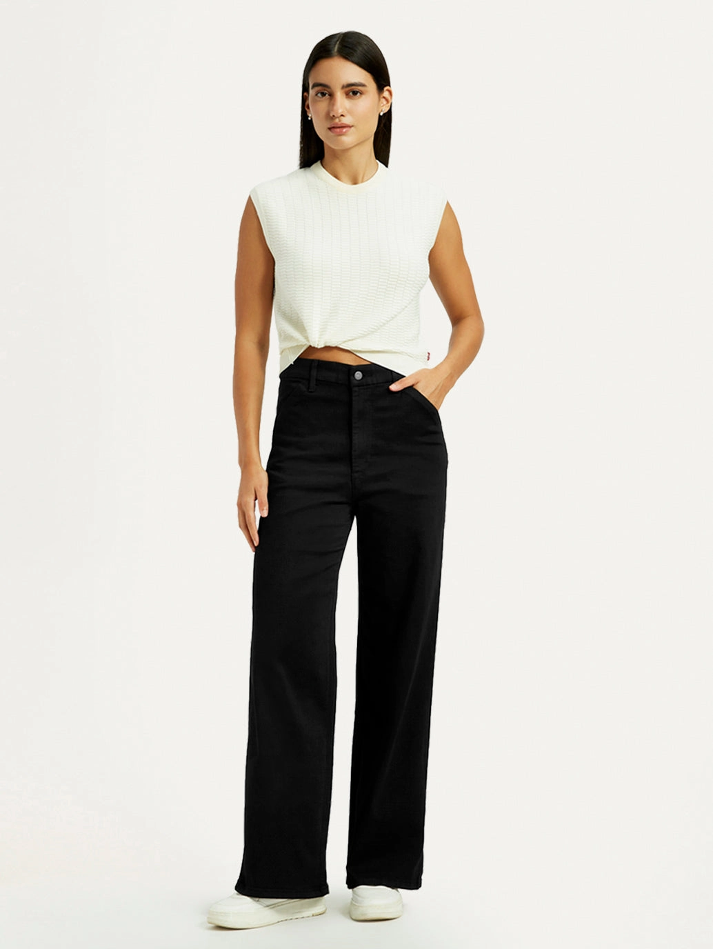 Weekend Getaway Stylish Women's Redloop Black Ribcage Wide Leg Fit High Rise Jeans