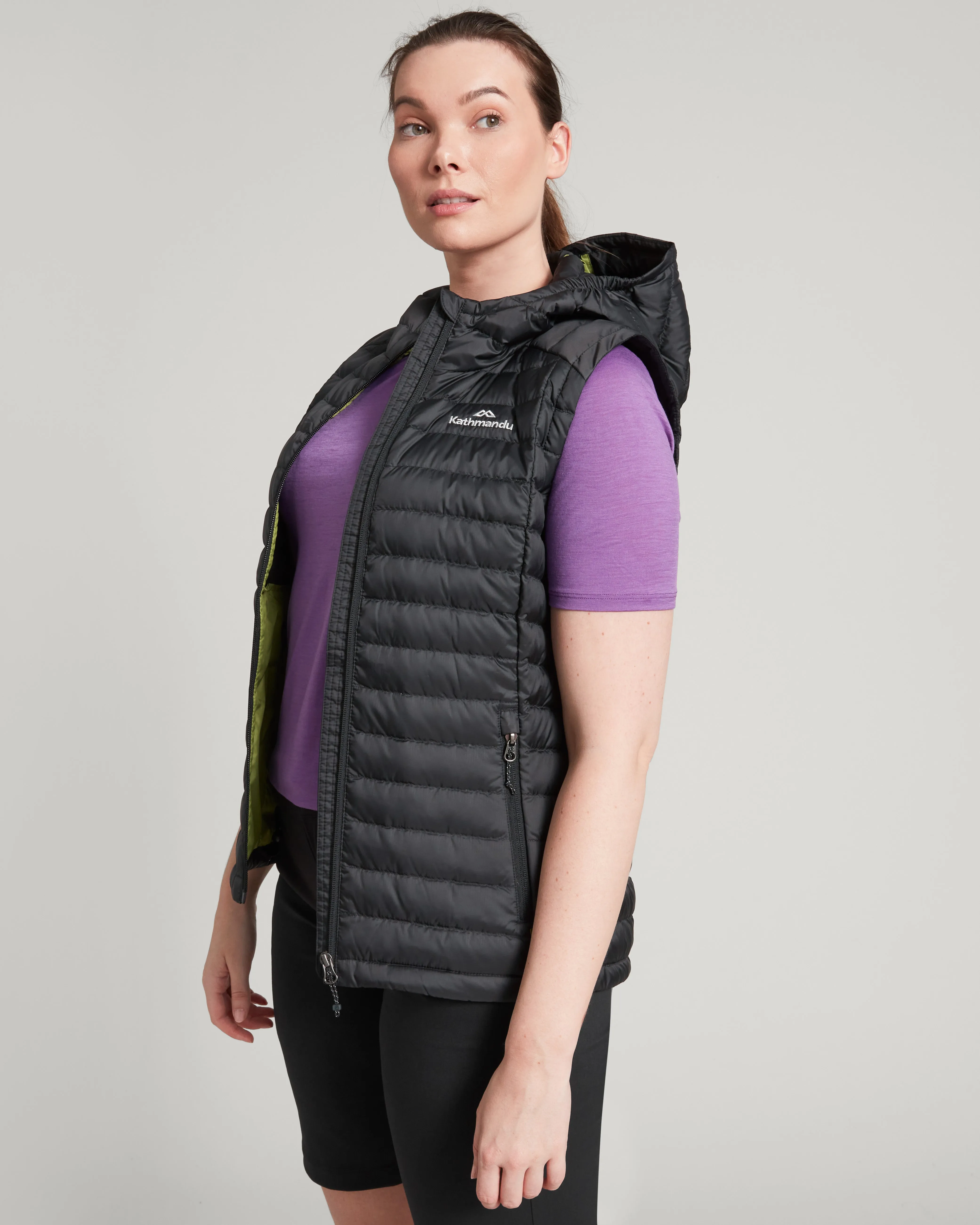 ReinforcedStressPoints Four Way Stretch Material Women's Heli Hooded Down Vest - Black