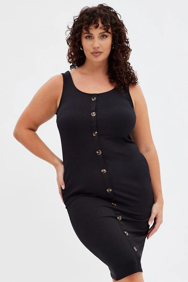 Slim-fit Black Midi Dress Rib Sleeveless Button Through