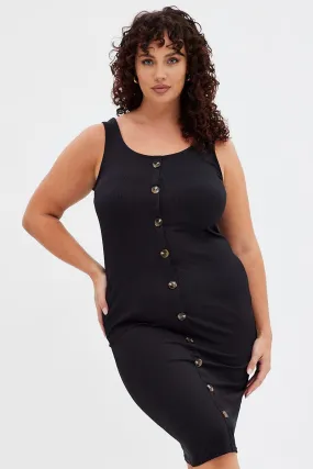 Slim-fit Black Midi Dress Rib Sleeveless Button Through