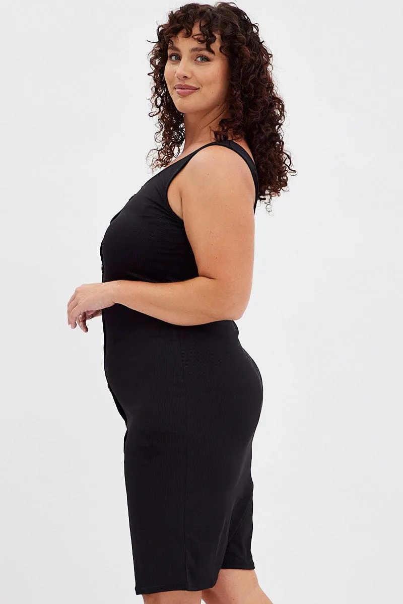 Black Midi Dress Rib Sleeveless Button Through Petite-Size Warm Season