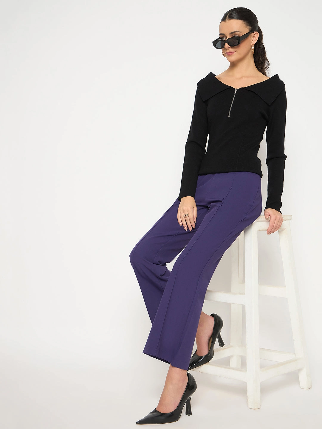 Comfy Shape Madame Pleated Flared Purple Trousers