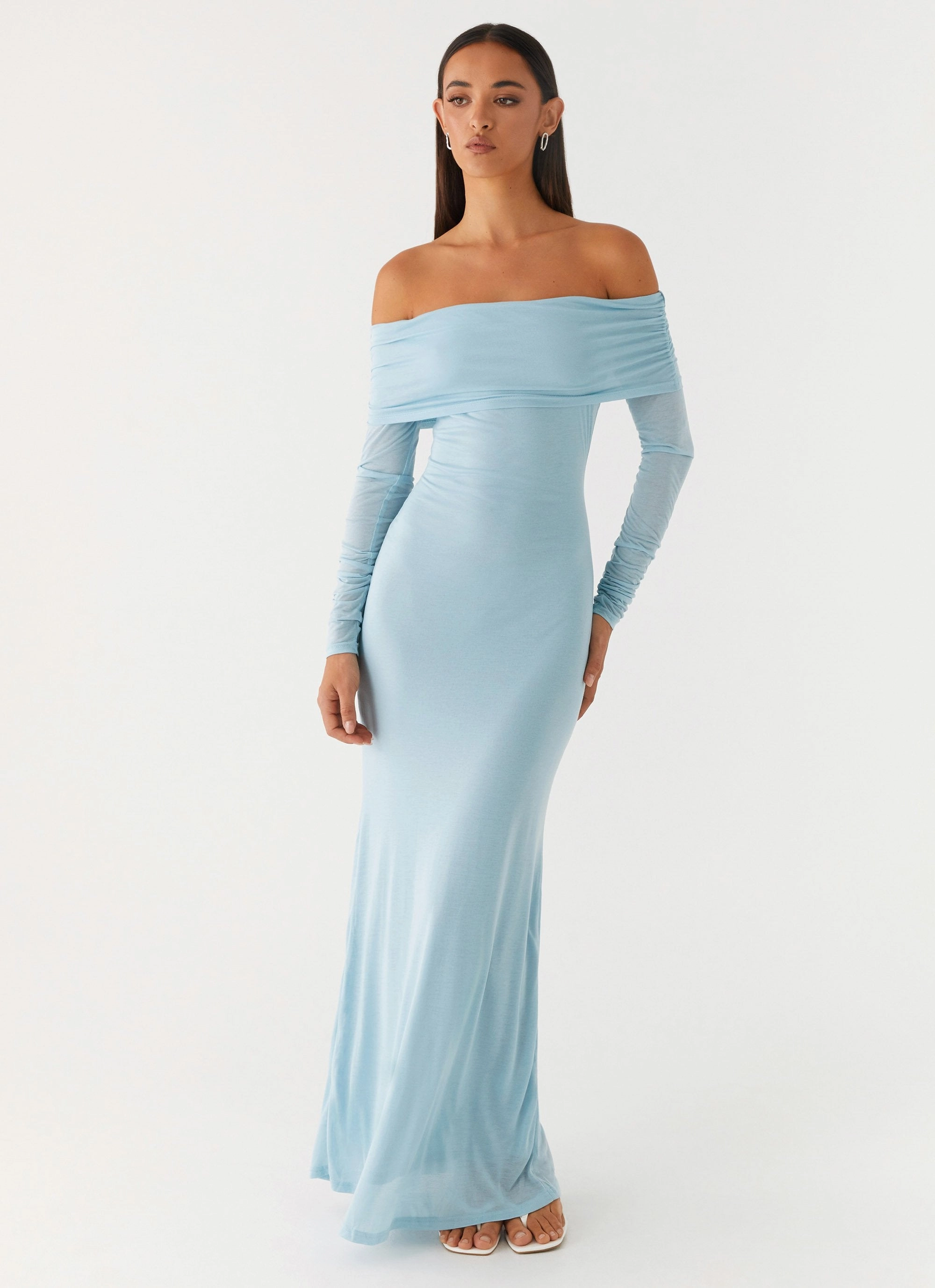 Cocoa Long Sleeve Maxi Dress - Blue museum visit Effortless Waist Design