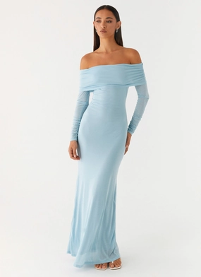 Cocoa Long Sleeve Maxi Dress - Blue museum visit Effortless Waist Design