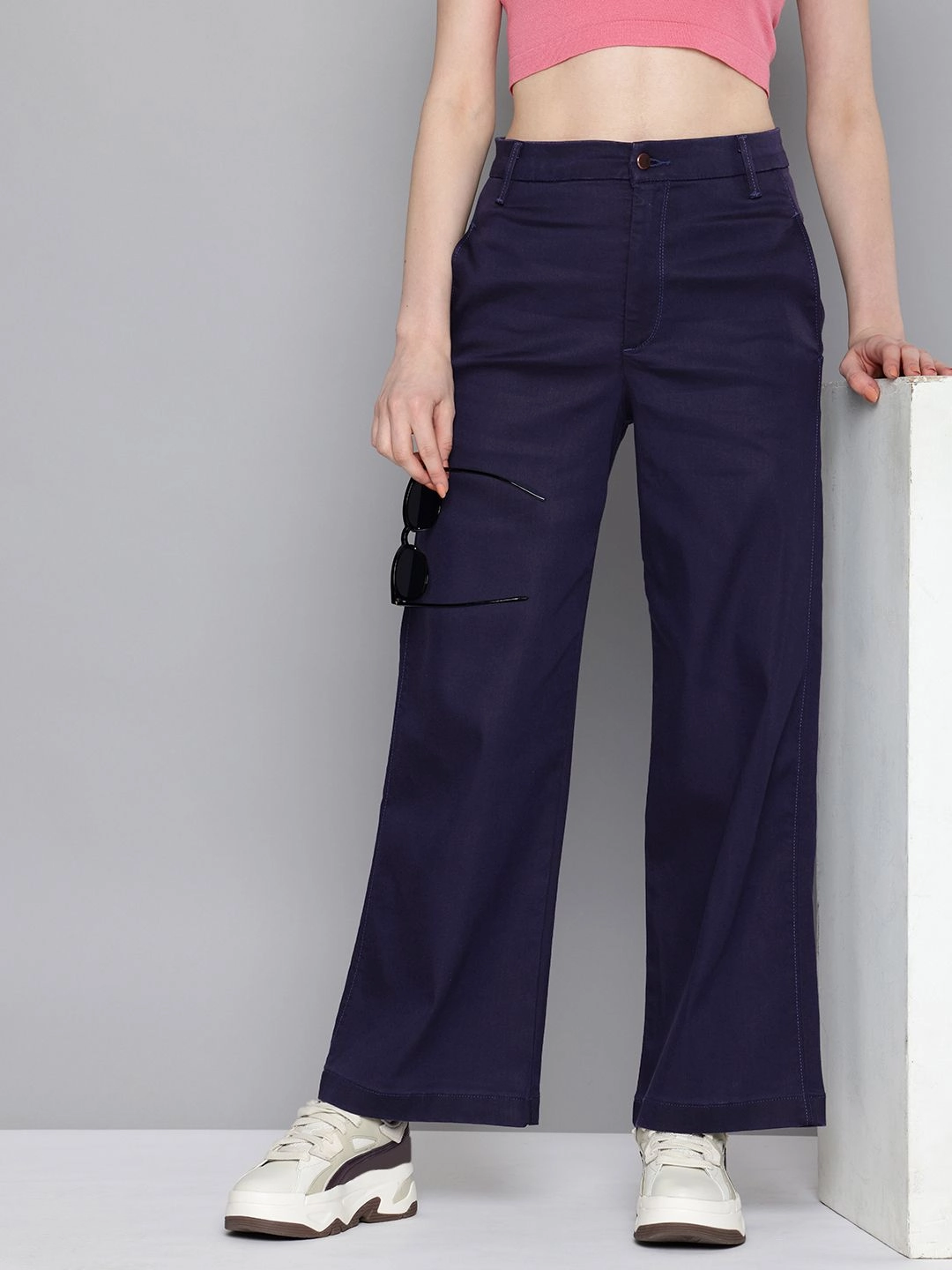 Traveler Gear Bold Look Women's Redloop Navy Blue Ribcage Bell Bottom Wide Leg Fit High Rise Jeans