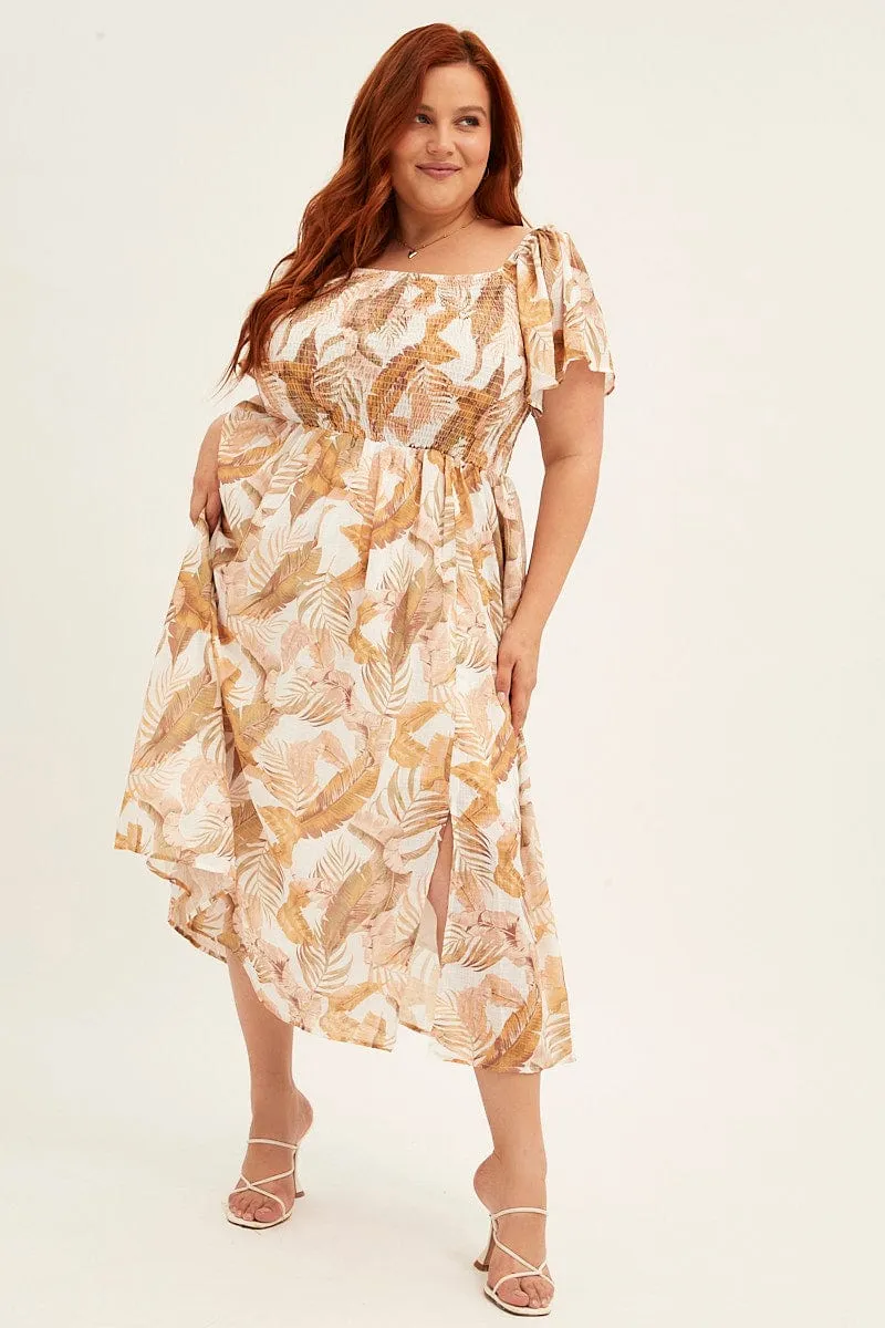 Fall Fashion Timeless-Classic Yellow Floral Midi Dress Short Sleeve Shirred Back Tie Dress