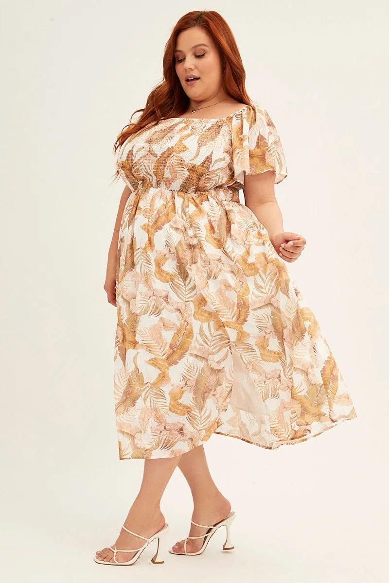 Stylish Touch Yellow Floral Midi Dress Short Sleeve Shirred Back Tie Dress