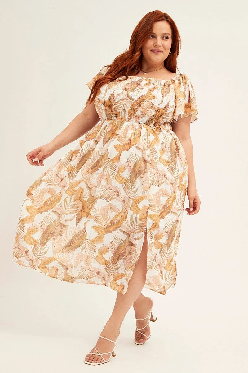 Yellow Floral Midi Dress Short Sleeve Shirred Back Tie Dress Delicate Finish