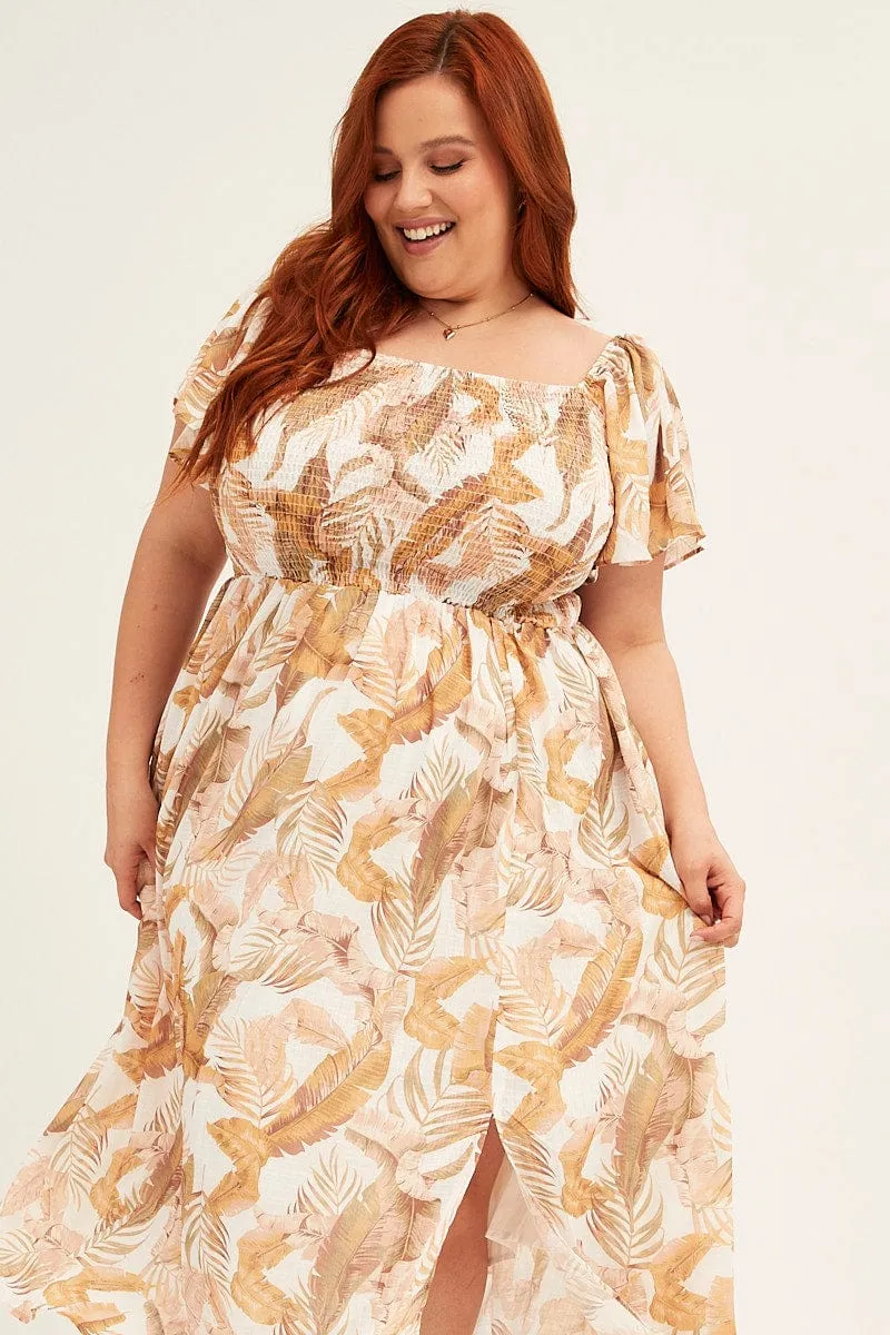 Ruffle Hem Stylish Appearance Yellow Floral Midi Dress Short Sleeve Shirred Back Tie Dress