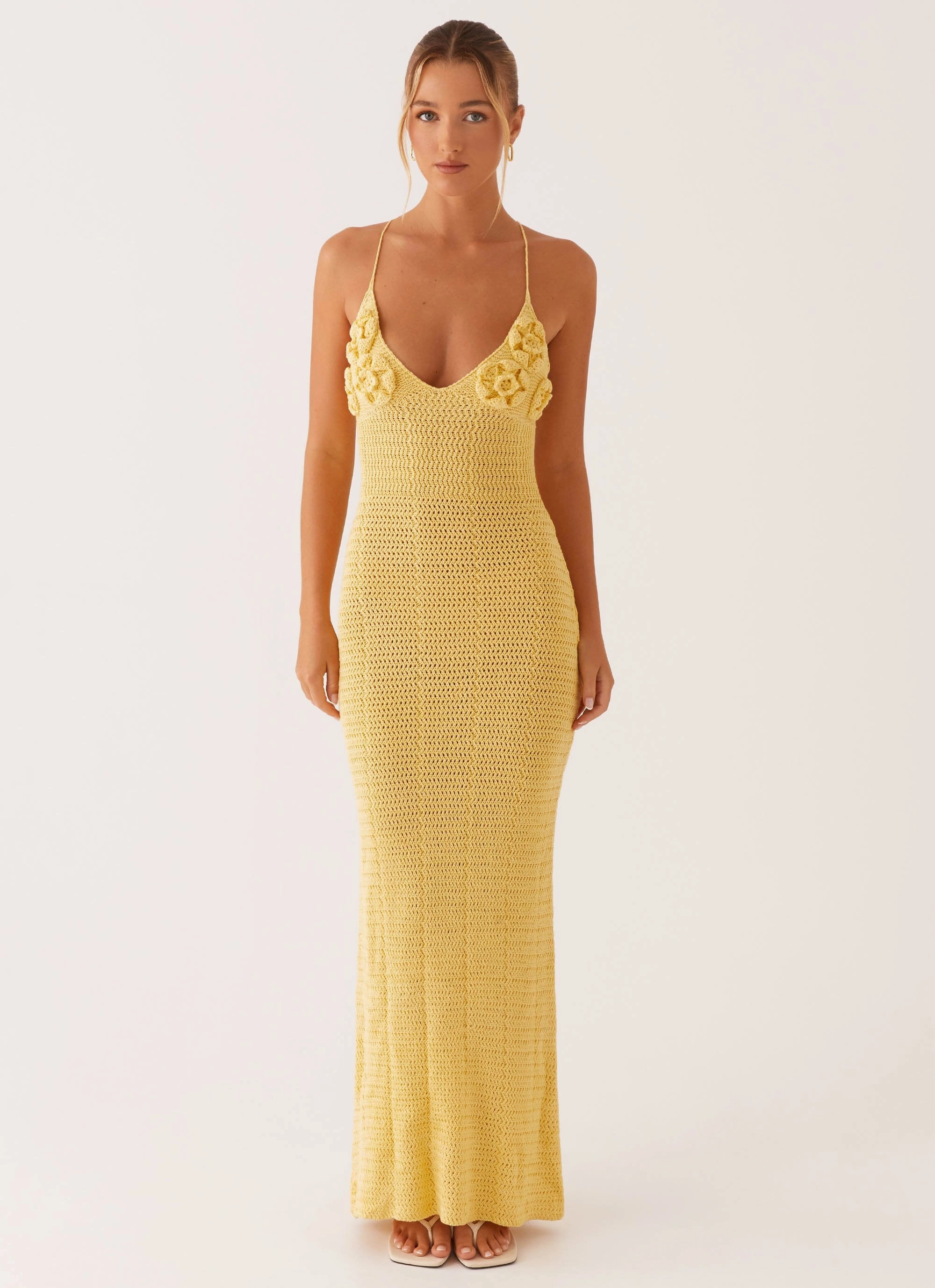 Chill Lines Comfy and Cozy Zara Rose Crochet Maxi Dress - Yellow