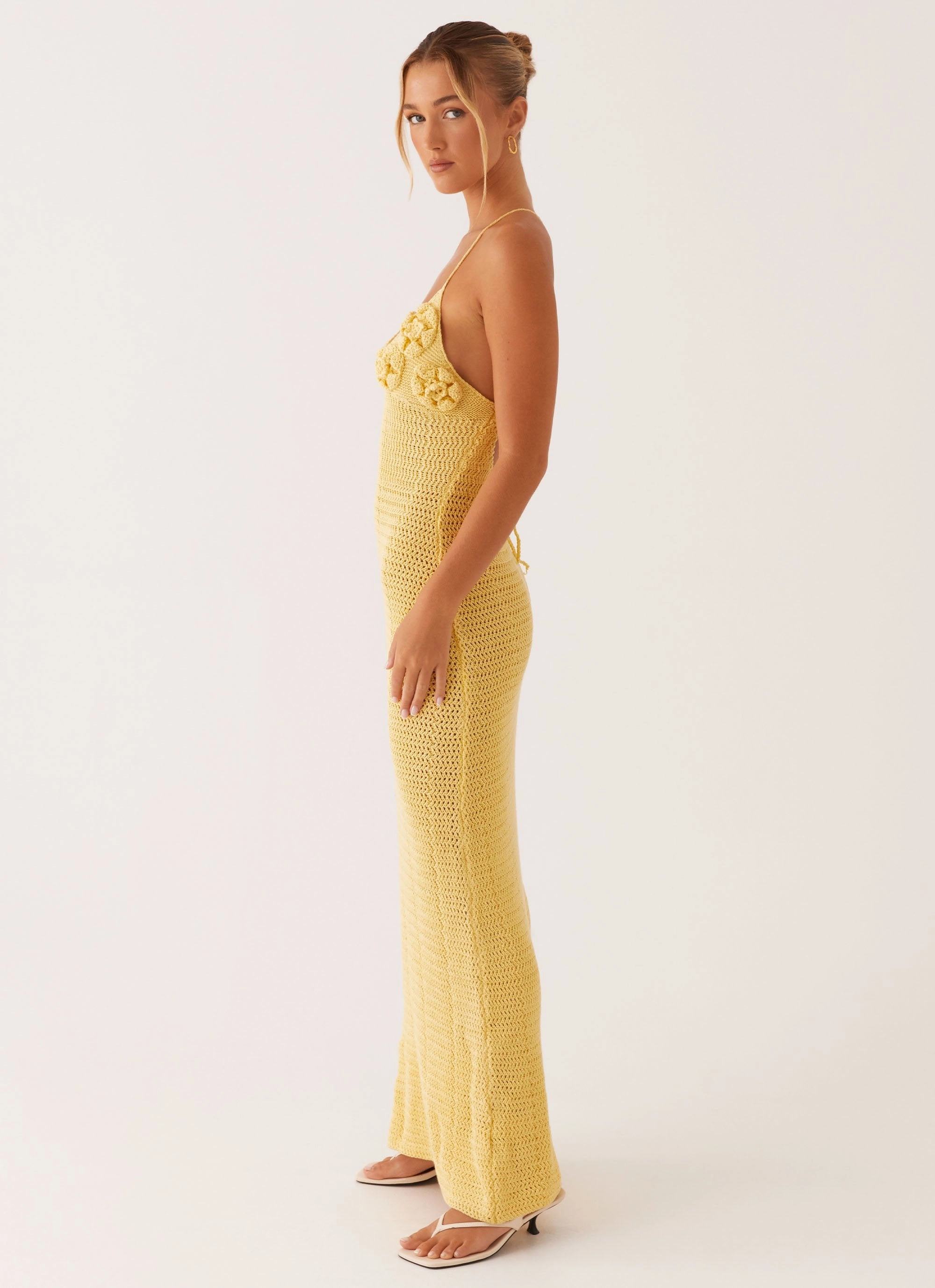 Zara Rose Crochet Maxi Dress - Yellow Stream Cut Kimono-Sleeve