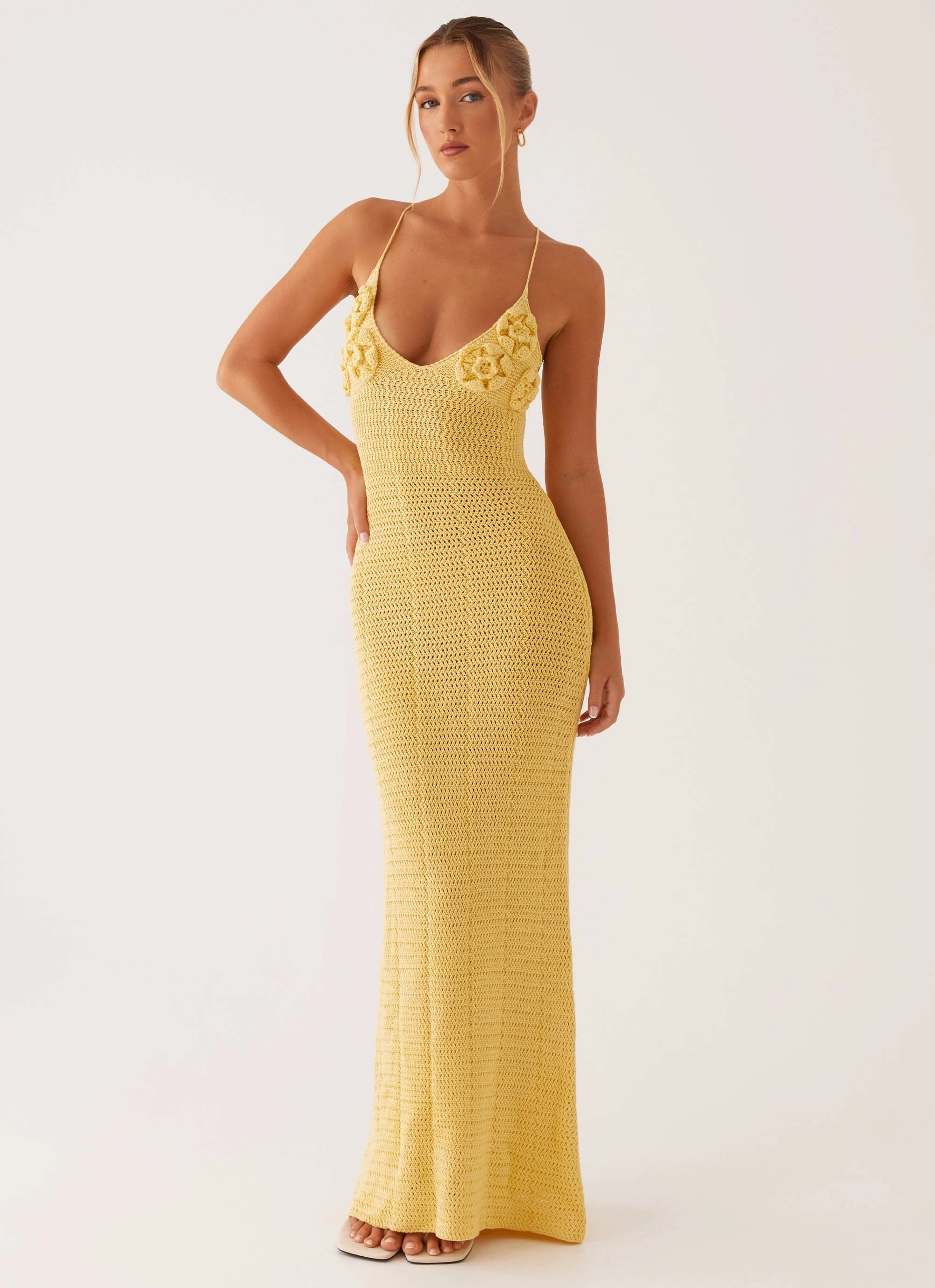 Self Power Asymmetric-Neck Zara Rose Crochet Maxi Dress - Yellow